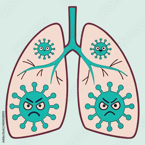 Angry viruses with happy counterparts invade human lungs in this medical scene