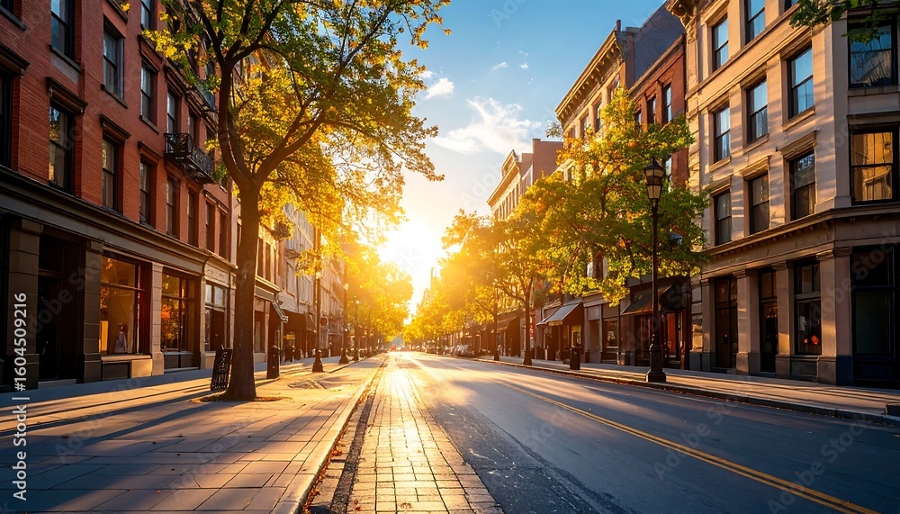 Fototapeta premium Sunny city street at sunrise