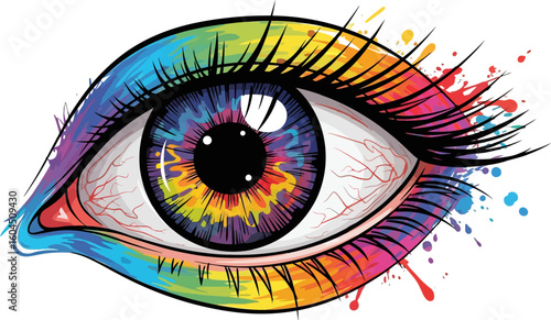 Illustrative eye features rainbow colored iris and splashes with long black eyelashes, conveying artistic expression on a clean white background, suitable for creative and beauty projects.