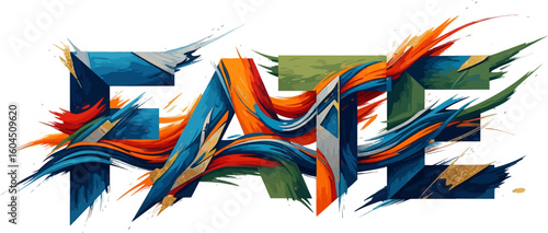 Bold fate typography art features blue, orange, and green abstract brush strokes, creating dynamic letterforms against a clean white background suitable for artistic or conceptual projects.