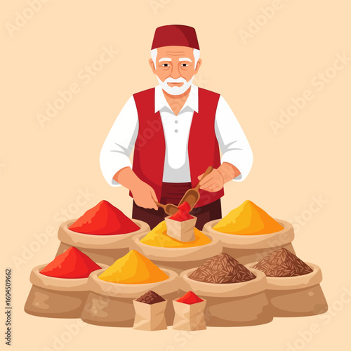 Man Scooping Spices at Outdoor Market with Colorful Powders