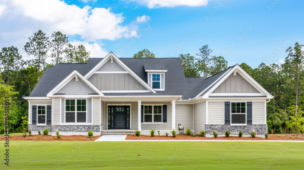 Obraz premium Modern house with green lawn and blue sky
