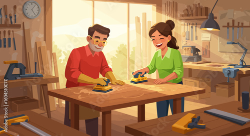 Couple Sanding Wooden Table Together in Workshop.