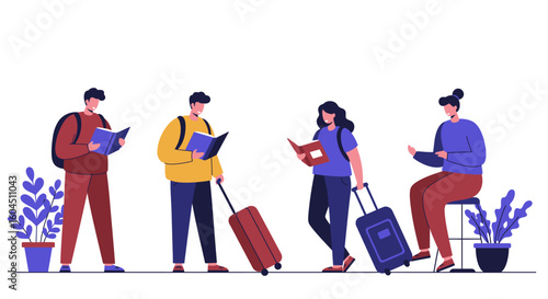 Travelers Reading Books with Luggage Vector Illustration.