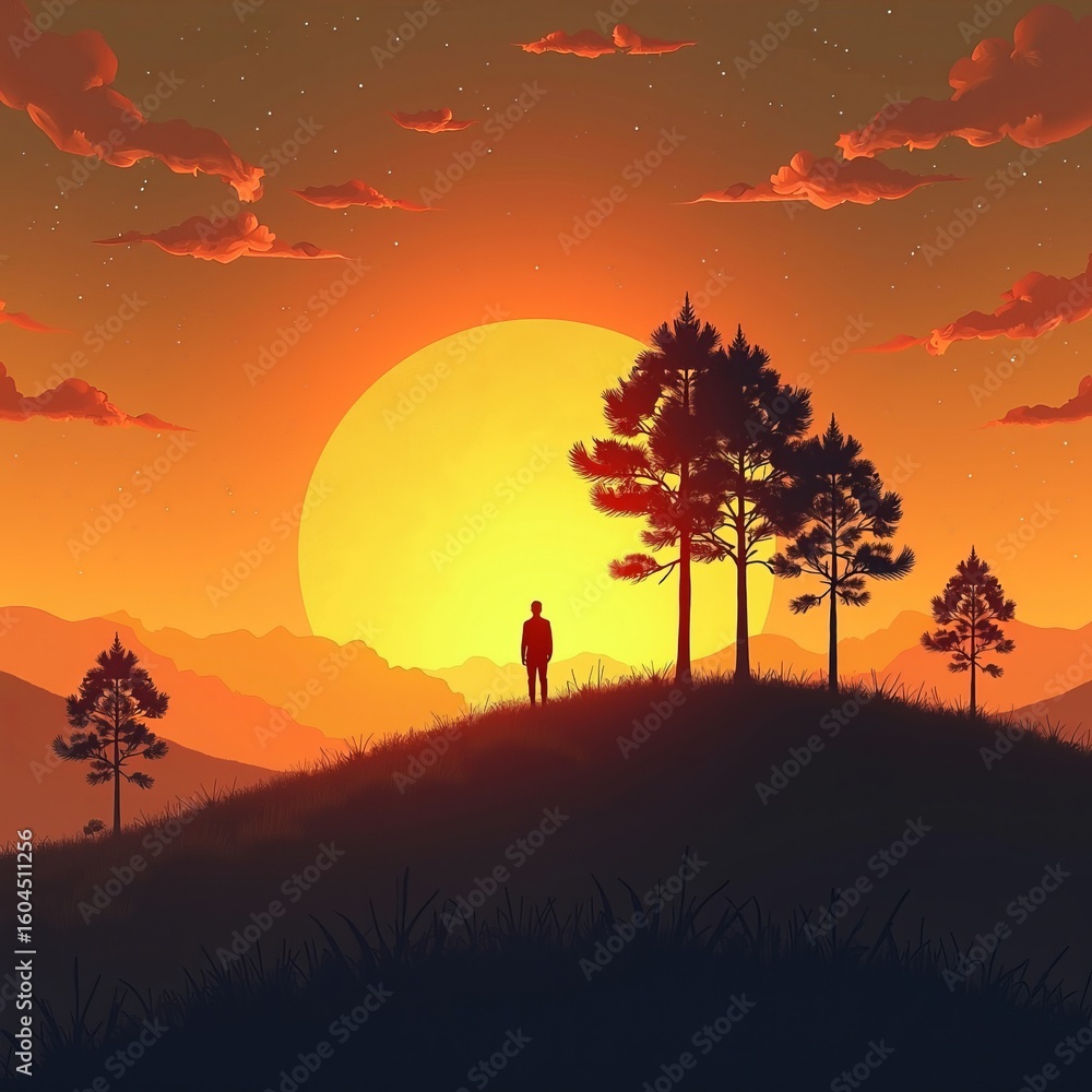 Naklejka premium Solitude and self-reflection at sunset as lone figure stands on hilltop surrounded by pine trees against glowing orange sky