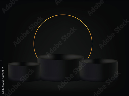 3 black podium on a black background with cylindrical gold
