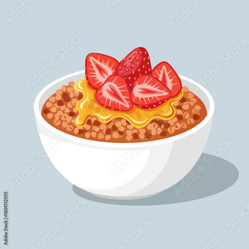 Bowl of Oatmeal with Strawberries and Honey for Healthy Breakfast
