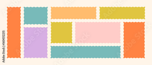 Frames Scalloped Vector Corrugated Bento Grid Shapes Set. Scallop Frame Wavy Retro Stickers Collection. Zig Zag Edge Geometric Borders Tag Boxes. Wiggle Line Design Sign Background. Isolated