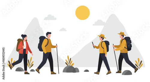 Group of Hikers Walking on Mountain Trail.