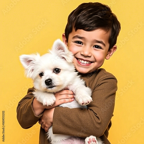 A cute little boy is holding a small white dog with his arms around it, giving it a hug. The boy has a smile on his face and appears to be happy. By Ai
