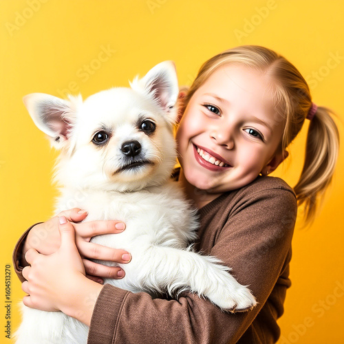A cute little girl is holding a small white dog with his arms around it, giving it a hug. The women has a smile on her face and appears to be happy.
By Ai