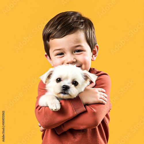 A cute little boy is holding a small white dog with his arms around it, giving it a hug. The boy has a smile By Ai