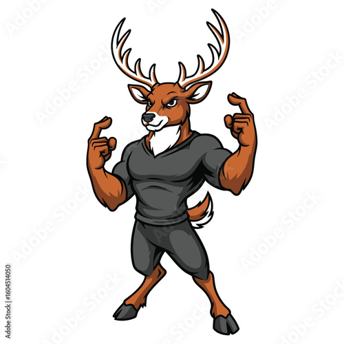 An athletic cartoon deer with a muscular build and large antlers, pointing confidently.