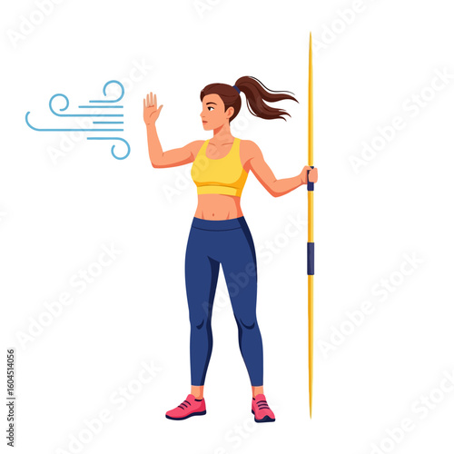 Female Athlete Preparing for Javelin Throw with Hand Raised Against Wind