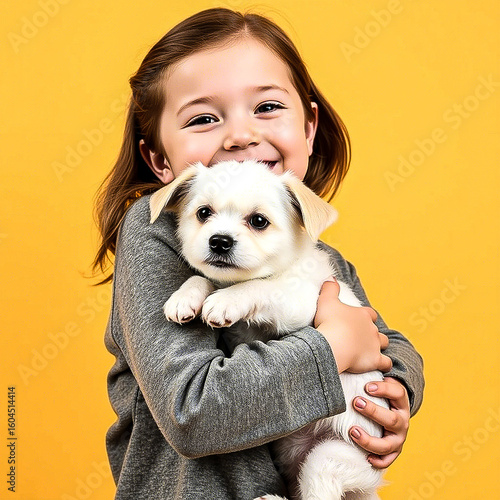 A cute little girl is holding a small white dog with his standing in front of a yellow background. by Ai