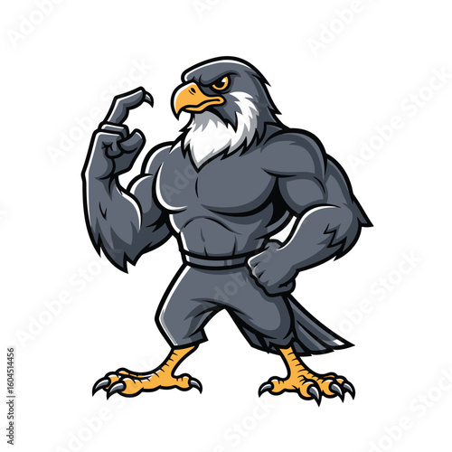 A powerful, muscular grey eagle mascot flexing its bicep with a determined expression.
