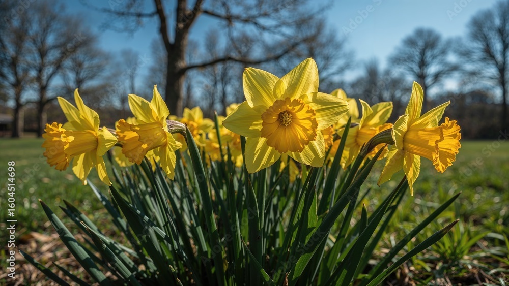 Obraz premium Early spring blossoms in the garden during a bright morning. Close-up of yellow narcissus flowers in full bloom. Stunning floral scenery captured with anamorphic macro lens.
