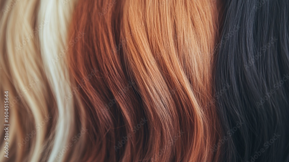 Fototapeta premium Colorful hair strands on display showcasing various shades and textures