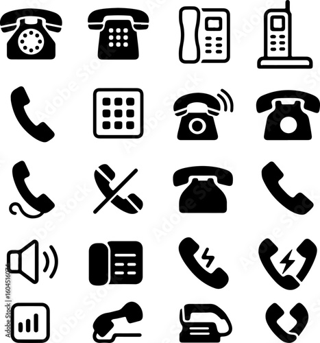 Collection of vintage and modern telephone icons representing communication and technology