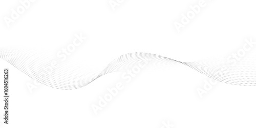 Dynamic particle waves in a halftone gradient form a flowing dot curve against a white backdrop, embodying technology, sound, music, and modern aesthetics. technology, science, innovation concepts	