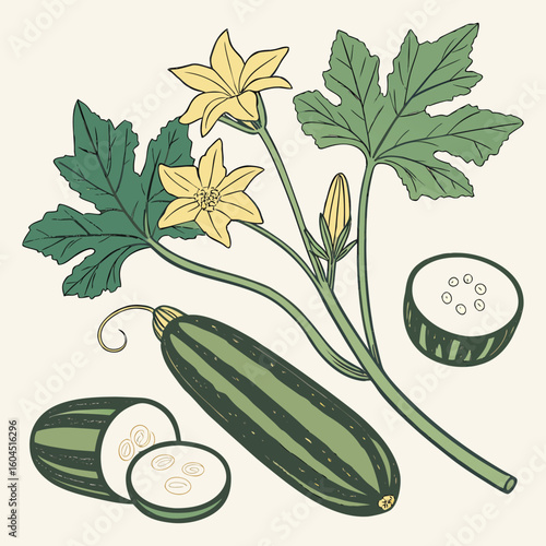 set of fresh zucchini vegetables and leaves