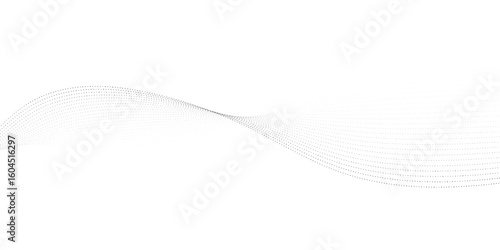 Dynamic particle waves in a halftone gradient form a flowing dot curve against a white backdrop, embodying technology, sound, music, and modern aesthetics. technology, science, innovation concepts	