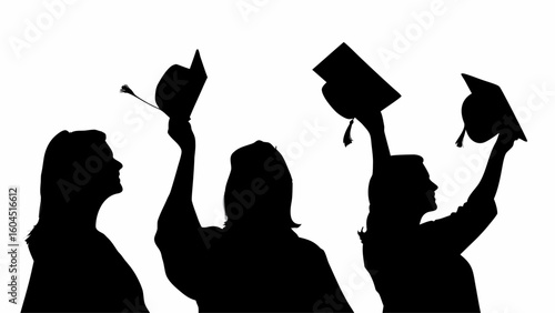 Silhouettes of three graduates raising their graduation caps in celebration against a white background