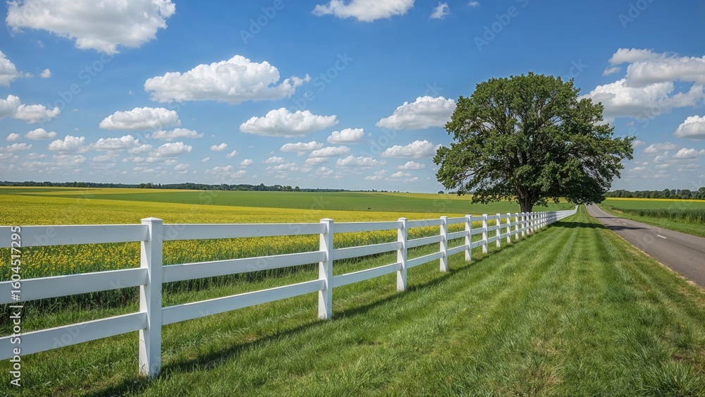 White wooden fence alongside lush green grass and expansive yellow fields under a blue sky with fluffy clouds on a sunny day White wooden fence alongside lush green grass and expansive yellow fields under a blue sky with fluffy clouds on a sunny day
