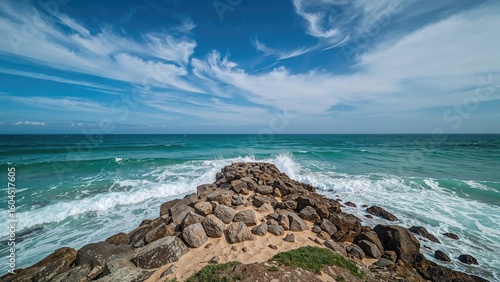 Rugged rock formation at the beach with waves crashing on the shore under a clear blue sky and scattered clouds in the background