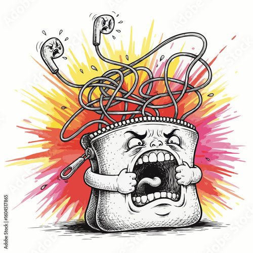 Frustrated pouch with tangled headphones expressing anger and rage