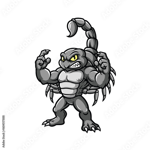 Muscular cartoon scorpion flexing, fierce expression, powerful pose, gray, white background.