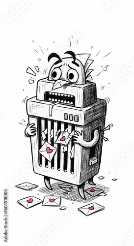 Cartoon bird stuck in a paper shredder with love letters