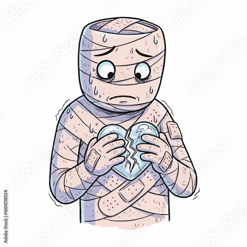 Sad mummy holding a broken heart wrapped in bandages tightly