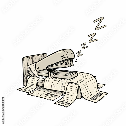 A stapler taking a nap on a bed made of paper documents