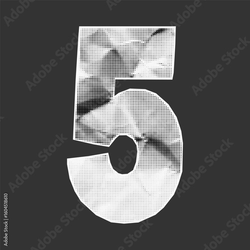 Grungy number 5 cut from distressed paper. Gritty halftone dots, stipple texture, ransom collage element with rough retro surface.