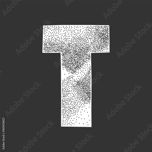 Torn paper letter T in collage ransom note style. Gritty stipple texture with halftone dots, school paper cutout look.