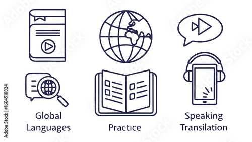 Language learning vector pack including dictionary mobile app global languages speaking practice and translation icons




