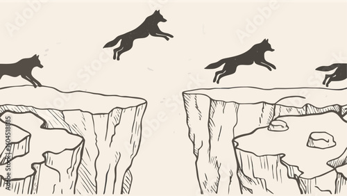 Wolves leaping across a chasm between two cliffs in a stylized vintage illustration style drawing silhouette