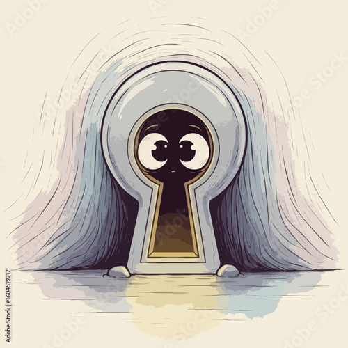 A cartoonish character peering through a vintage keyhole art