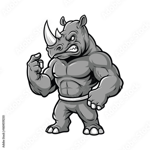A muscular rhinoceros mascot stands aggressively, flexing its fist, displaying a fierce expression.