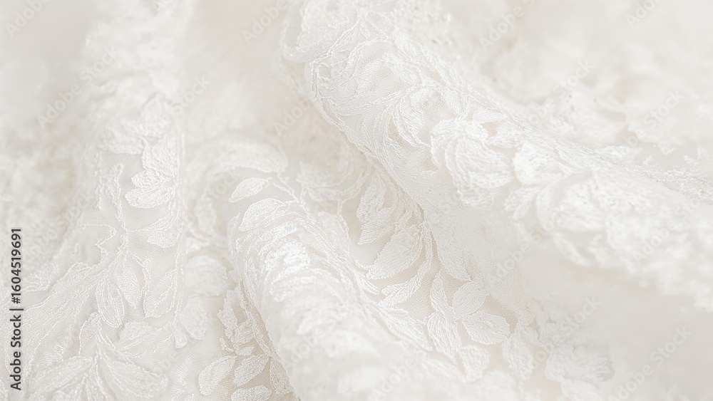 Obraz premium Delicate white lace material with a blurred effect and a subtle shine, suited for bridal wear and sophisticated apparel design.