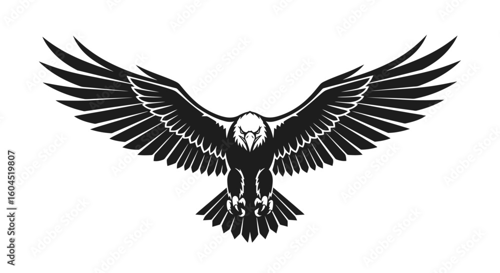 Obraz premium A black and white vector illustration of an eagle with its wings fully spread, talons extended, and head facing forward.