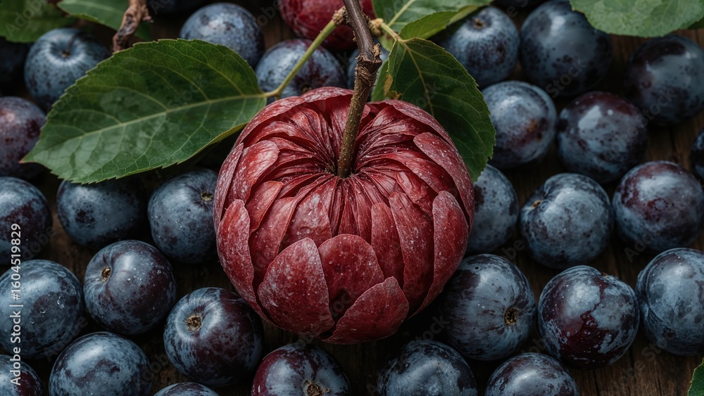 Fototapeta premium Exposed plum. Many ripe plums gathered. Seasonal fruit collection.
