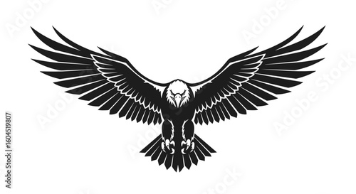 A black and white vector illustration of an eagle with its wings fully spread, talons extended, and head facing forward.