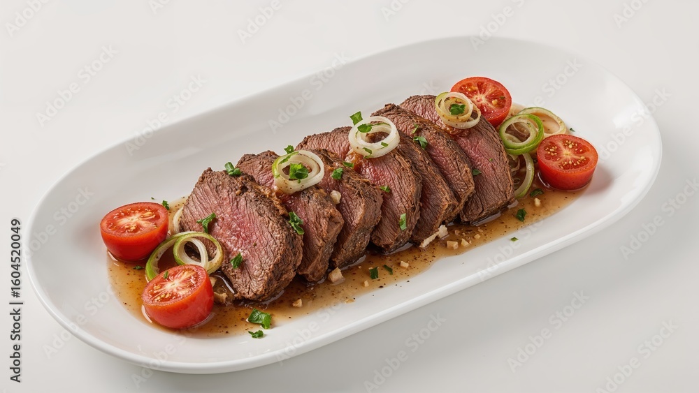 Modern Plating of Traditional Sunday Roast with Beef Slices, Tomatoes, and Scallions Modern Plating of Traditional Sunday Roast with Beef Slices, Tomatoes, and Scallions