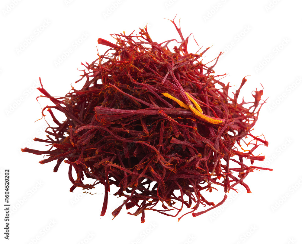 Naklejka premium Close-up of saffron threads, a vibrant reddish-orange cluster, textured with fine filaments, centered on a black background
