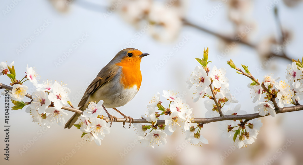 Charming robin perches on blossoming branch, a vibrant symbol of spring's arrival Charming robin perches on blossoming branch, a vibrant symbol of spring's arrival
