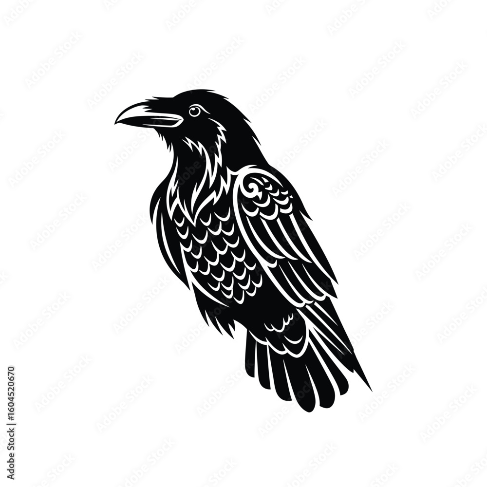 Obraz premium Silhouette of a stylized raven, detailed feather patterns.
