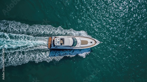 Overhead shot of a sleek motor vessel gliding on azure waves