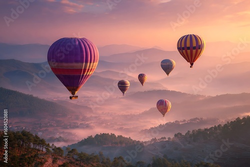 Experience the magic of hot air balloons drifting peacefully over misty mountains at sunrise